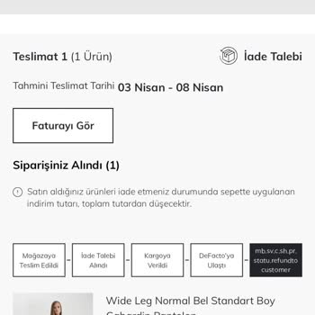 DeFacto 43563279 Numaralı Siparişimin İadesi Yapılmadı