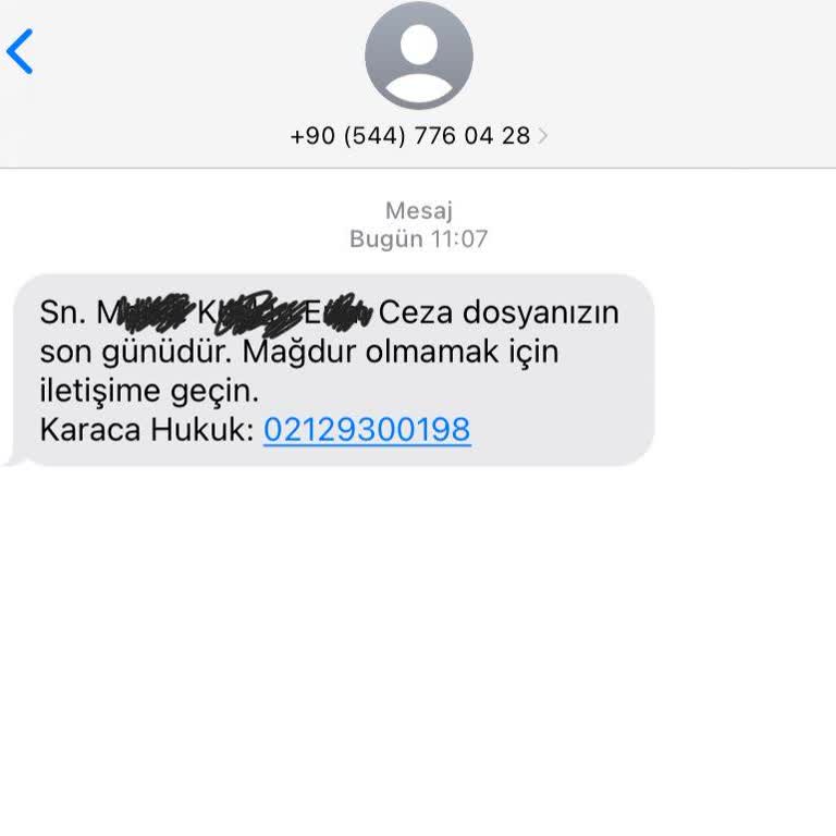 KARACA HUKUK (SMS) Adıma Gelen Kabul Etmeyeceğim Sürekli Gelen Ceza Dosyası Mesajı