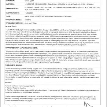 Arçelik Bulaşık Makinesi Ve Tüketici Hakem Heyeti