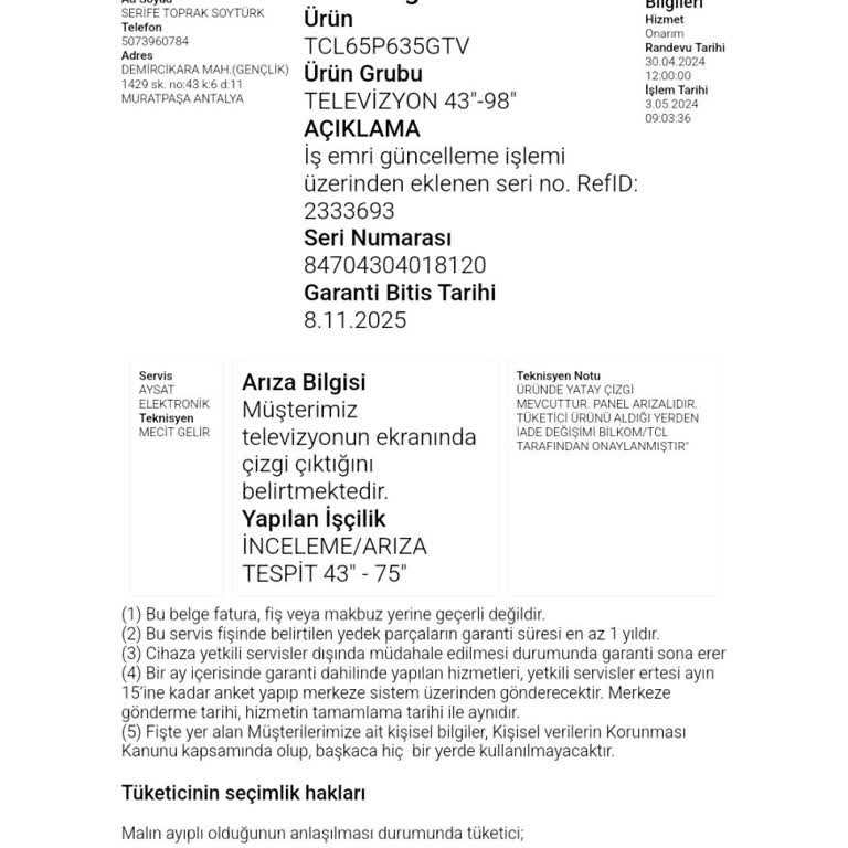 Hepsiburada TCL Servisinin Raporunu Kabul Etmeyip KVK Ya Yönlendiriyor
