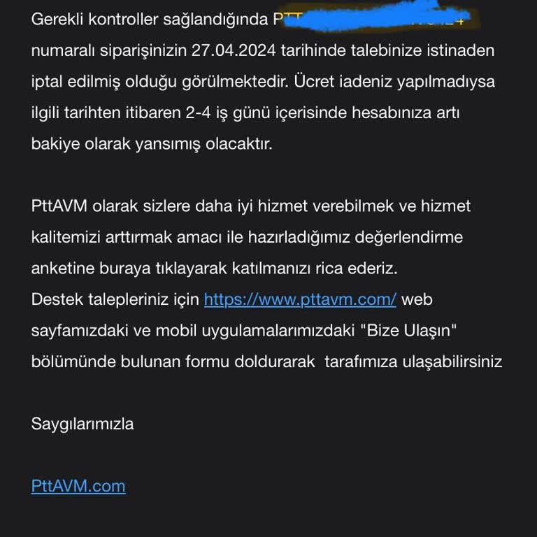 PttAVM İptal Edilen Ürünün Ücret İadesi Yapılmadı