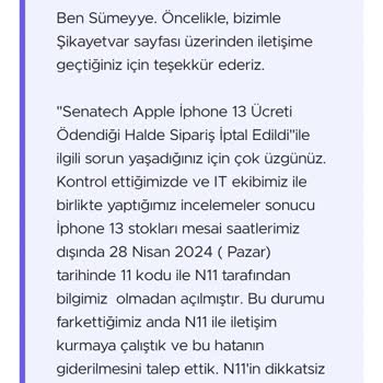 N11 Alışveriş Sitesi Parasını Ödediğim İphone 13 128 GB Göndermedi.