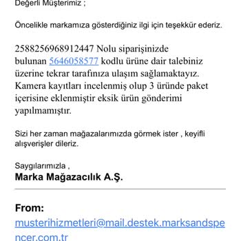 Marks&Spencer Marka Mağazacılık A. Ş. Eksik Ürün Gönderiyor