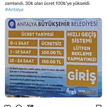 Antalya Büyük Şehir Belediyesi Anet Beach Park Araç Giriş Ücreti