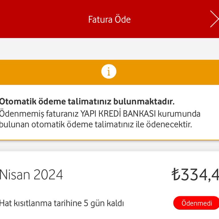 Vodafone Faturalı Hattım Otomatik Ödeme Talimatı İle Ödenmemiş