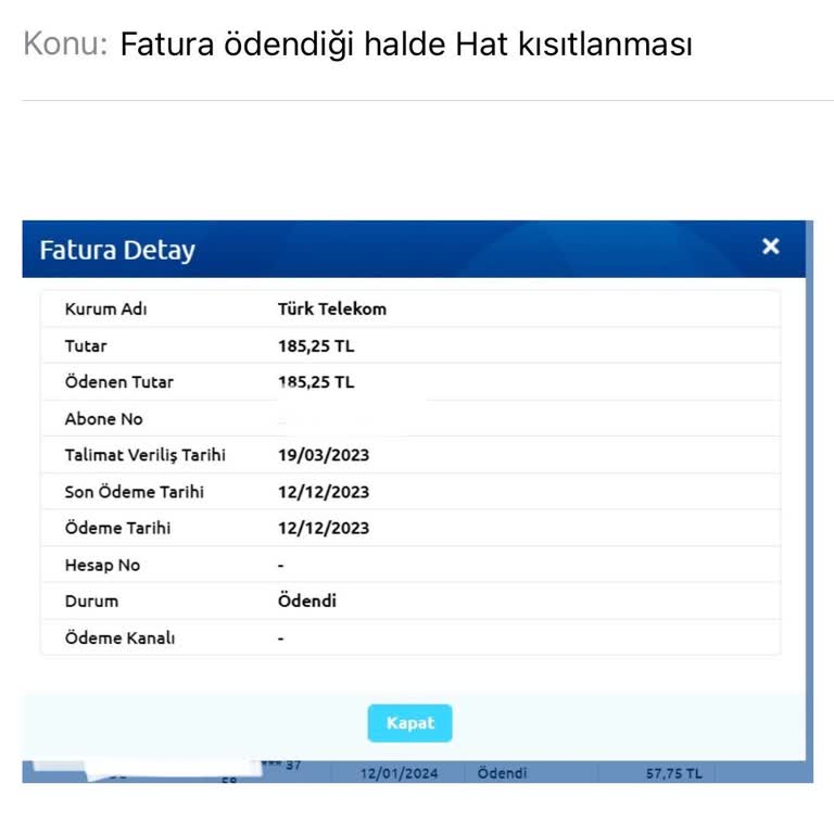 Türk Telekom Fatura Ödendiği Halde Hat Kısıtlaması
