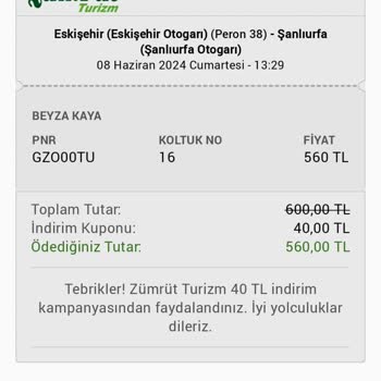 Zümrüt Turizm Obiletden Haberim Olmadan Biletim İptal Edilmiş
