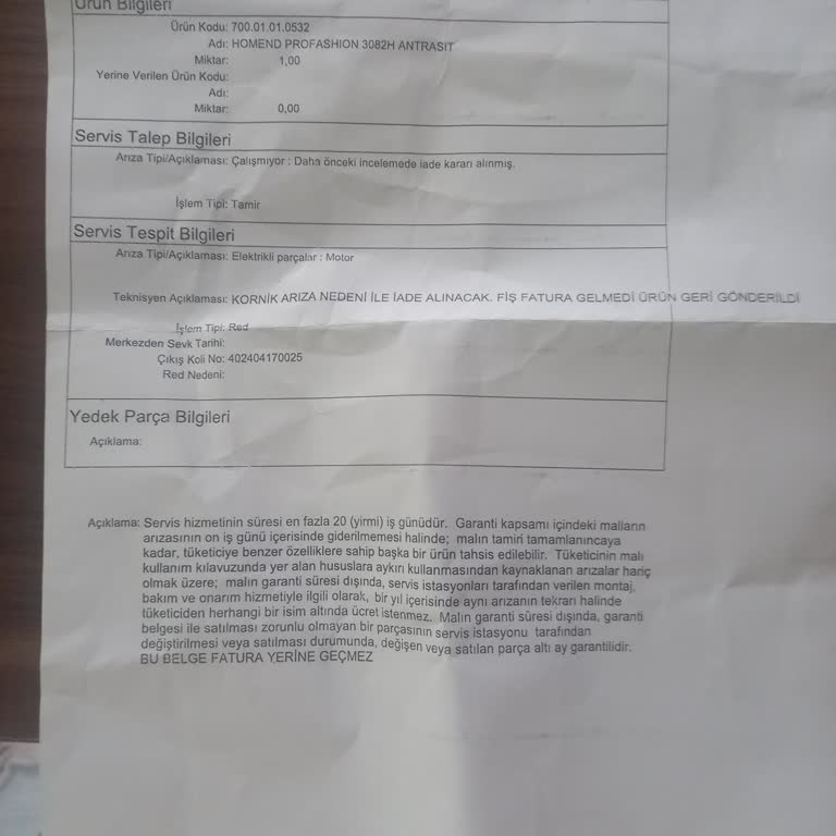 Homend Karaca Servis Fişi