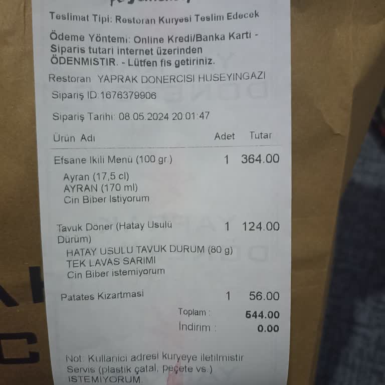 Yaprak Döner Sipariş Eksik Geldi