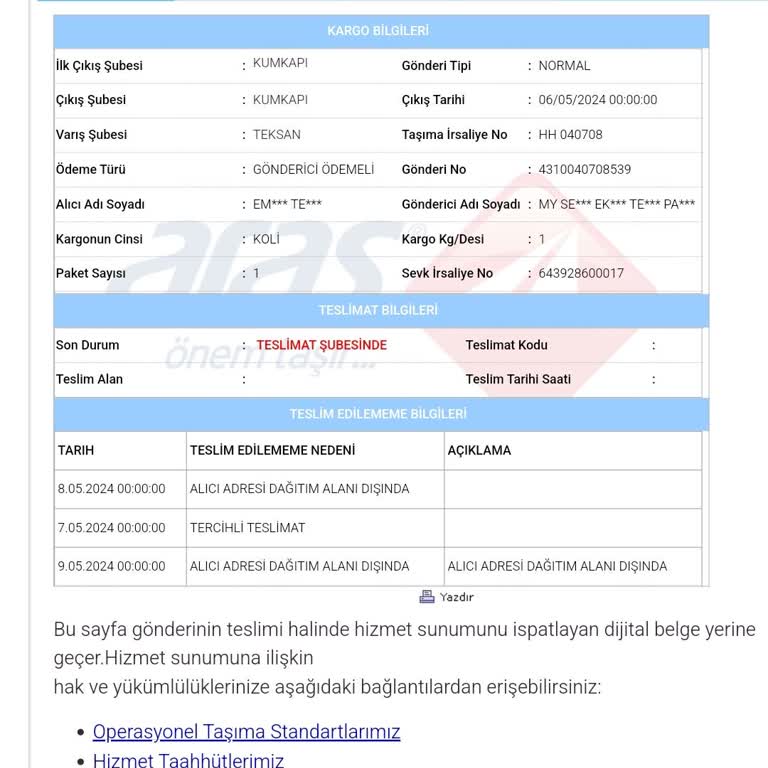Aras Kargo Tercihli Teslimat Yapılmadı