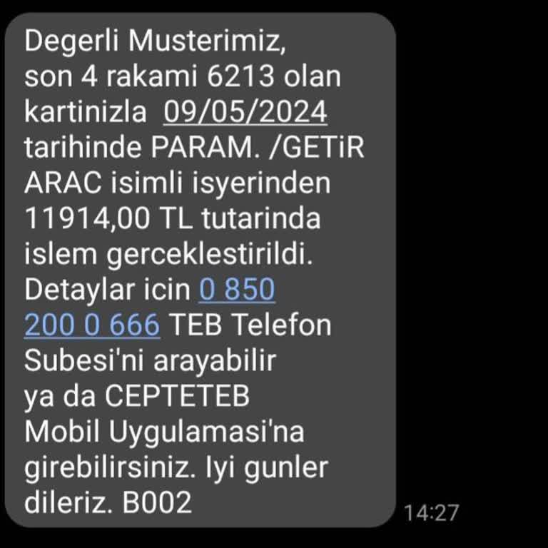 TEB ve Getir Aracılığıyla Bilgim Dışında Para Çekilmesi