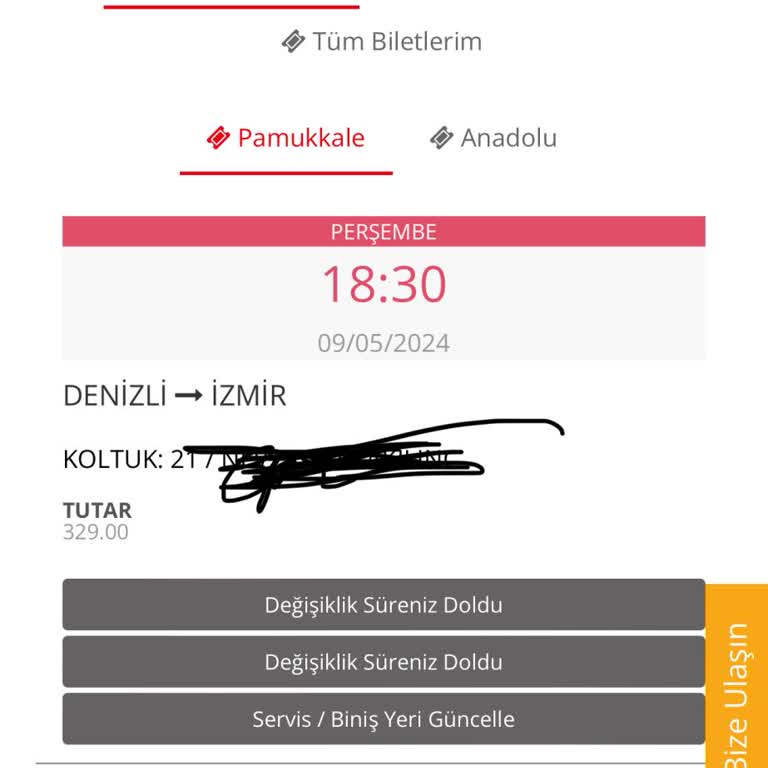 Pamukkale Turizm Bilet Tarih Değişikliği