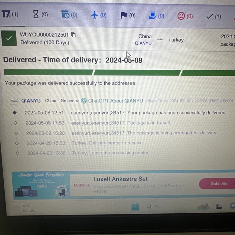 17TRACK Taşıma Şirketi Kargo Teslim Edildi Görünüyor.