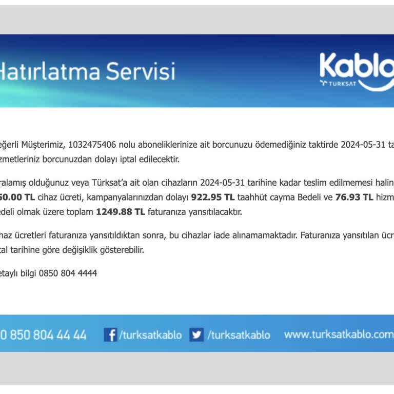 Kablo Net Yurt Dışına Taşındığımdan Dolayı TÜRKSAT Üyeliğimin İptali