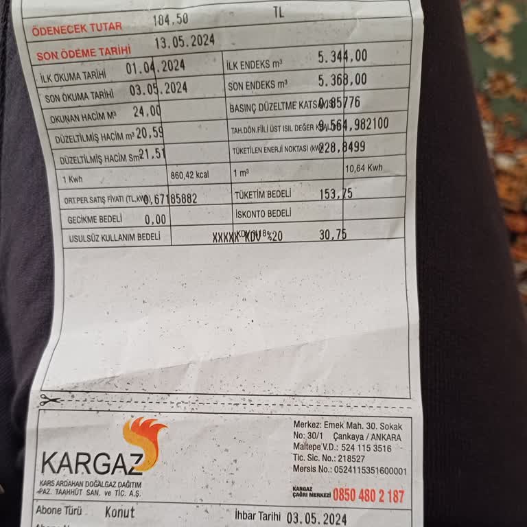 Kars Kargaz Nisan Doğalgaz Faturası