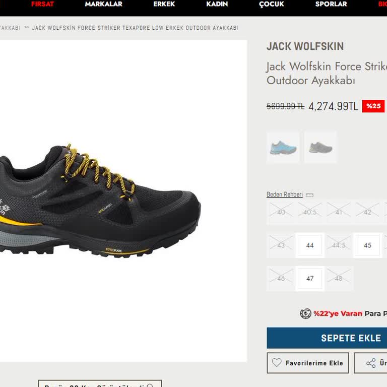 SPX Stoğu Olmayan Ürünün Satılması (Jack Wolfskin Force Striker Ayakkabı)