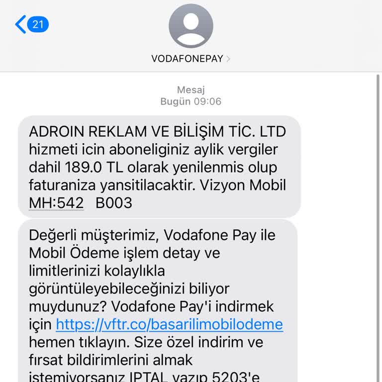 Vodafone Mobil Ödeme Altında Alınan Ücret