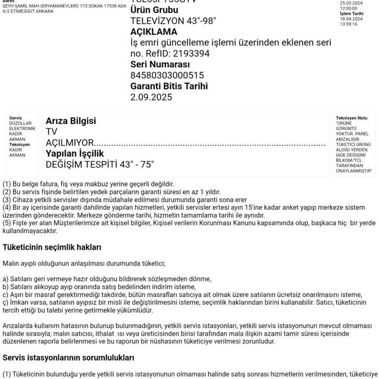 Teknosa Outlet Televizyonum 7 Ay Sonra Bozuldu Ve Değişim Sorunu Yaşıyorum