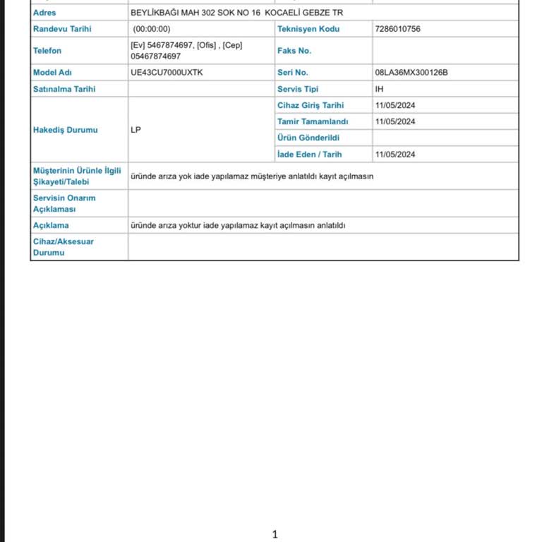 Samsung 43CU7000 Televizyon İade Süreci
