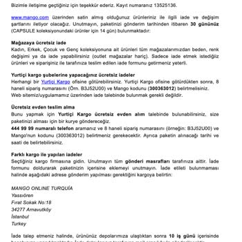 Mango Online - Bana Teslim Edilmeyen Ürün Ve İade Problemi
