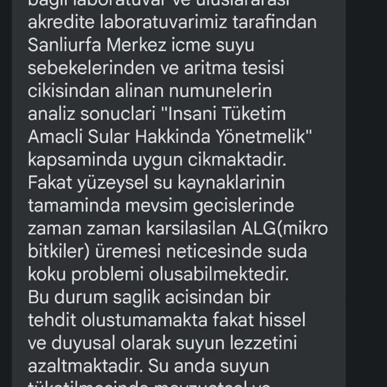 Şanlıurfa Büyükşehir Belediyesi Şanlıurfa Şebeke Suyu Kokusu