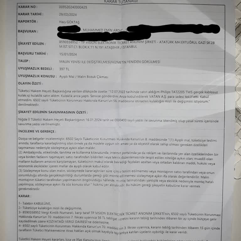 Vatan Bilgisayar Niğde Müşteri Ve TP Vision A. Ş Müşteri Hakkı