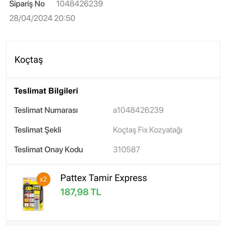 Pattex Koçtaş Ürünü Teslim Etmiyor