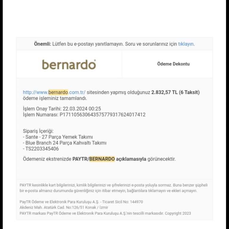 Bernardo Ürünü Göndermiyor Para İadesi Yapmıyor