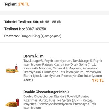 Burger King Çamçeşme Şubesi Siparişimi Göndermedi