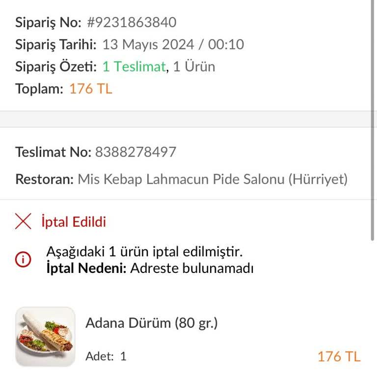 Trendyol Yemek Trendyol GO Siparişim İptal Hk.