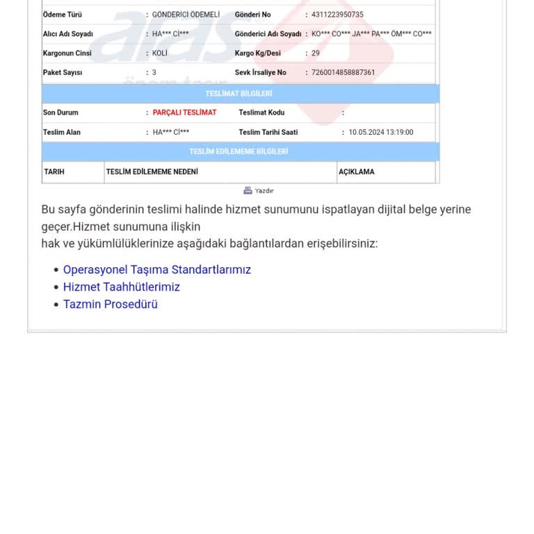 Aras Kargo Parçalı Teslimat Sorunu