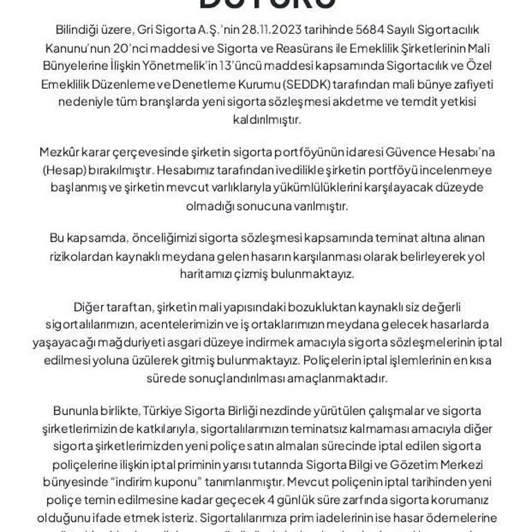 TEB Bankası Kayyum Atanan Gri Sigorta Şirketi İptal Kasko Bedeli Hk.