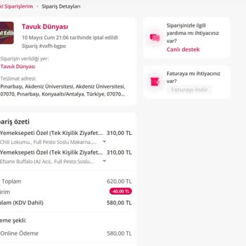Tavuk Dünyası Gönderim Dışı Sipariş İptali