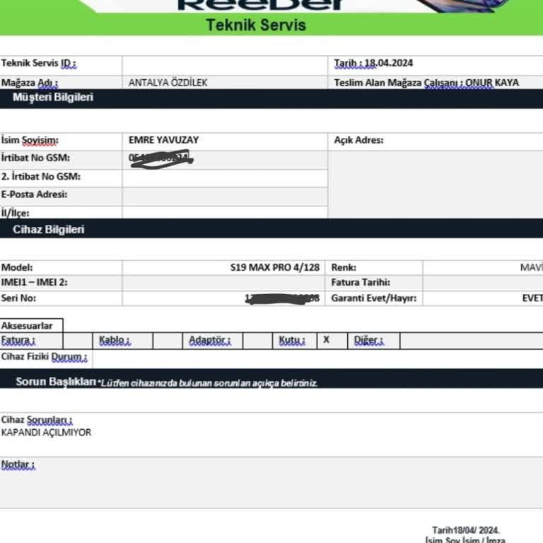 Reeder 15 Günlük Telefonun Ekranı Gittiği Halde Tamir Edilmemiş