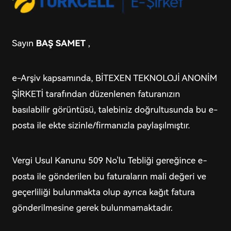 Turkcell Adına Gelen Bitexen E-Arşiv Faturası