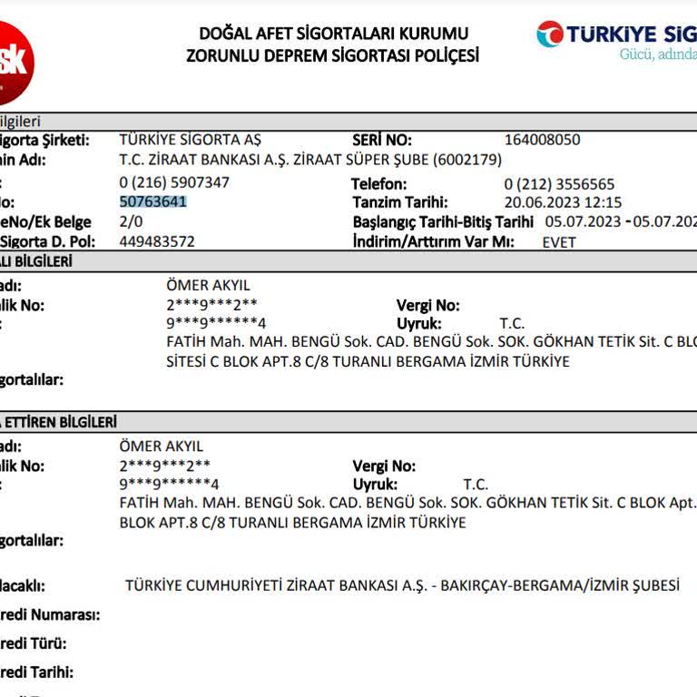 Türkiye Sigorta İptal Edilemeyen DASK Poliçesi