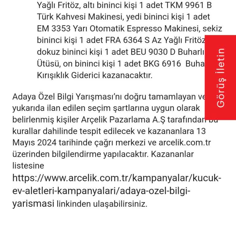 Arçelik Yarışma Sonuçlarının Süresi İçinde Açıklanmaması