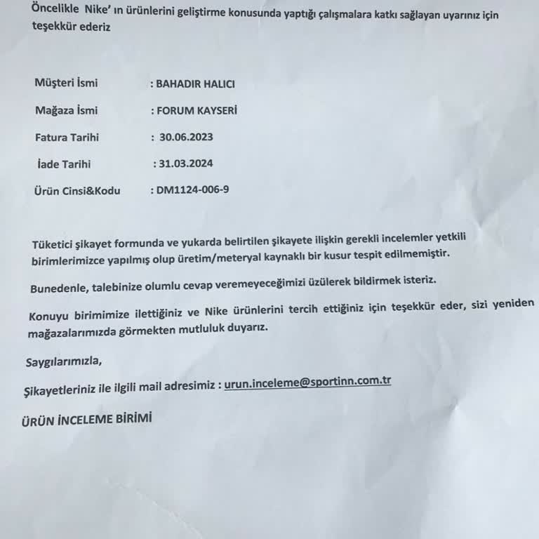 Kayseri Forum Nike Mağazası Yırtılmış Ayakkabı Teslim Etti