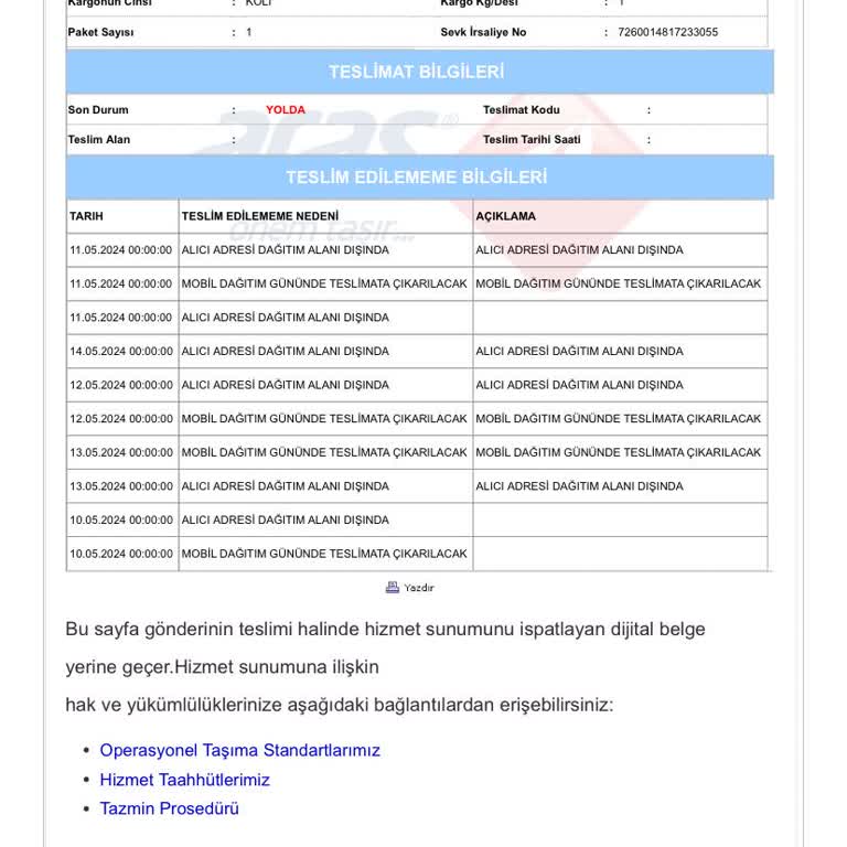 Aras Kargo Anamur Şubesi Sorumsuzluğu