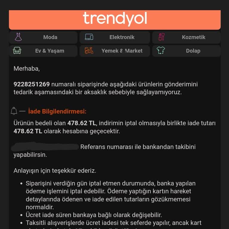 Trendyol Ürünüm Marka Tarafından İade Ve İptal Edildi.