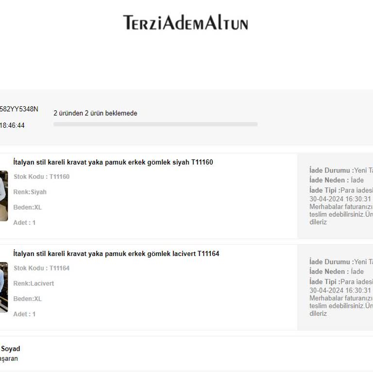 TerziAdemAltun İnternet Üzerinden Alınan Gömleklerin İadesiyle İlgili Sorun