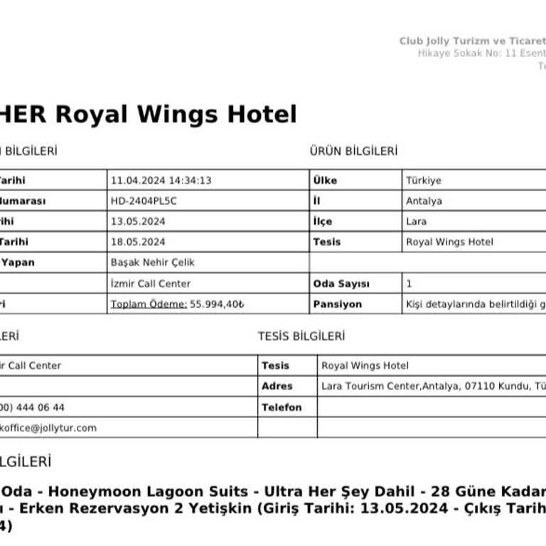 Royal Wings Hotel Alınan Paket Şikayeti
