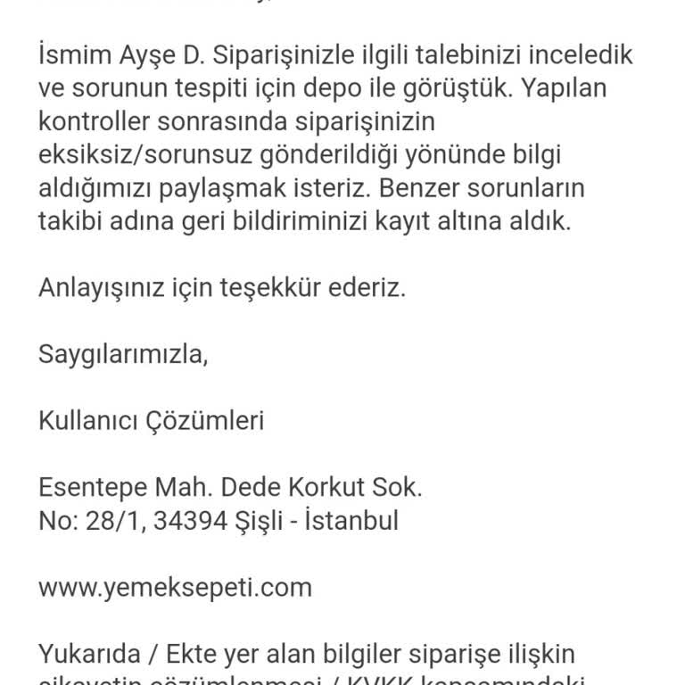 Yemeksepeti Eksik Ürün Sorunu