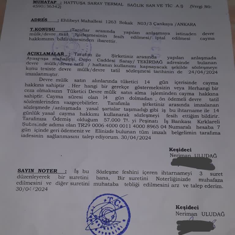 Hattuşa Thermal Club Saray Cayma Hakkı Para İade Sorunu