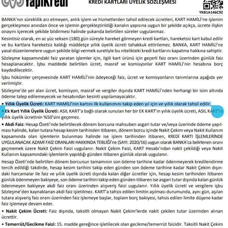 Yapı Kredi Yıllık Kart Aidatı
