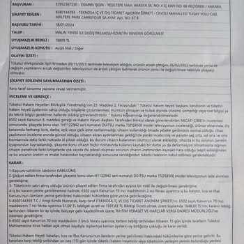 Teknosa Tüketici Hakem Heyeti Kararını Uygulamıyor