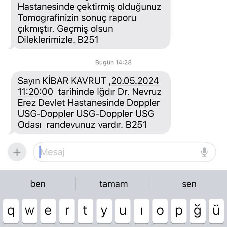 Iğdır Dr. Nevruz Erez Devlet Hastanesi Hasta Bilgilerinin Yanlış Numaraya Gönderilmesi