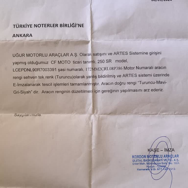 CFMOTO Motorlu Araç Ruhsat Renk Uyuşmazlığı Ve Çözüm Talebi