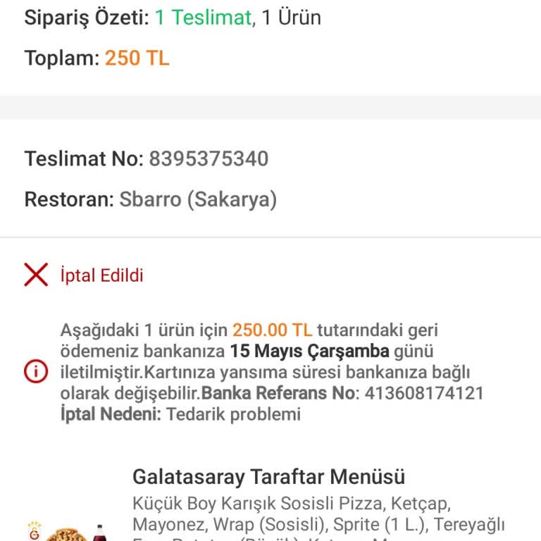 Sbarro Trendyol Yemek Siparişi Ve Müşteri Hizmetleri Sorunu