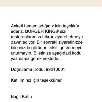 Burger King Deneyimim Anketi Kod Sorunu